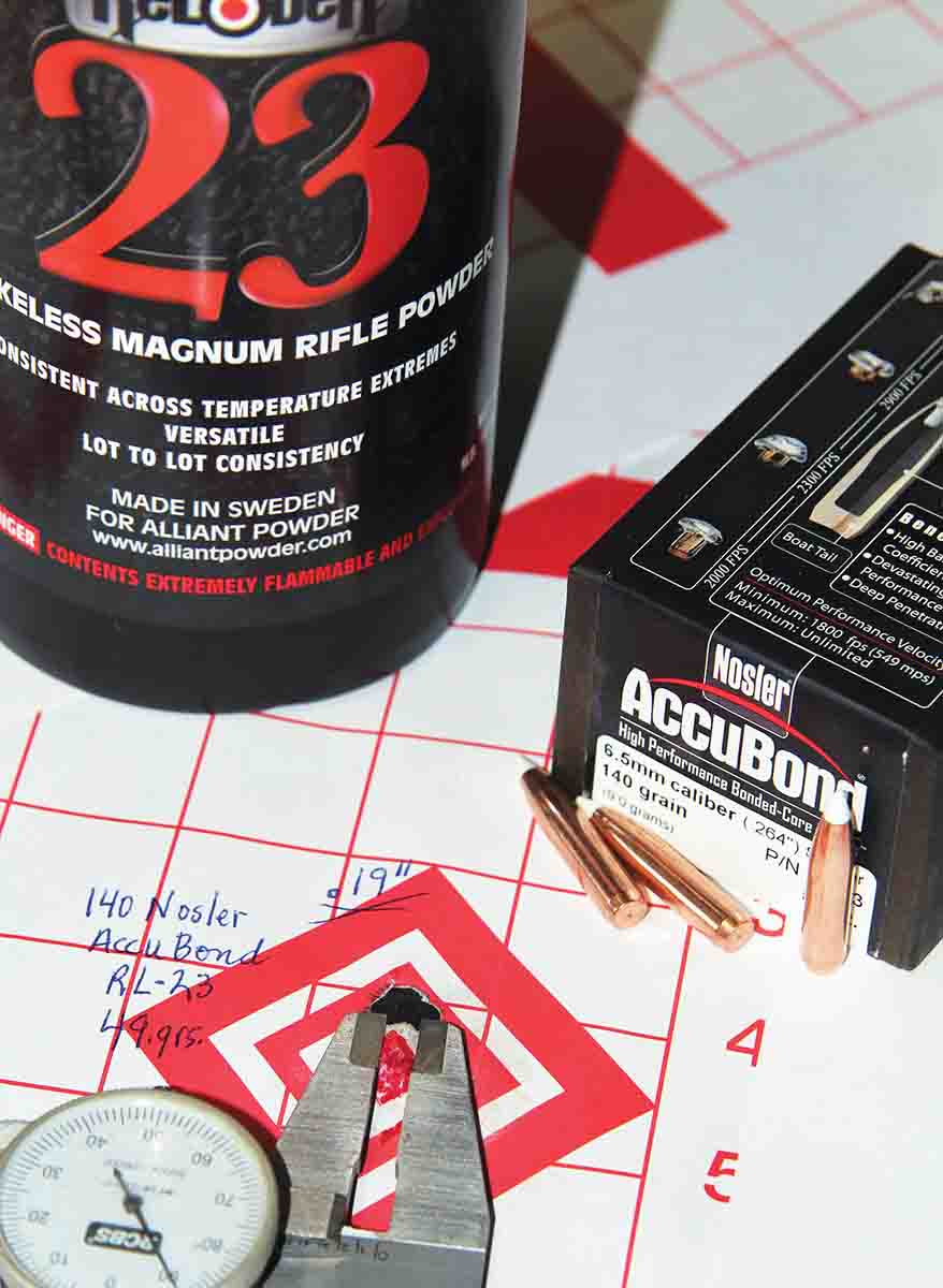 The Nosler 140-grain AccuBond made a great match for the newest Alliant Reloder powders. Reloder 23 produced the test’s tightest group, .19 inch using 49 grains of powder.